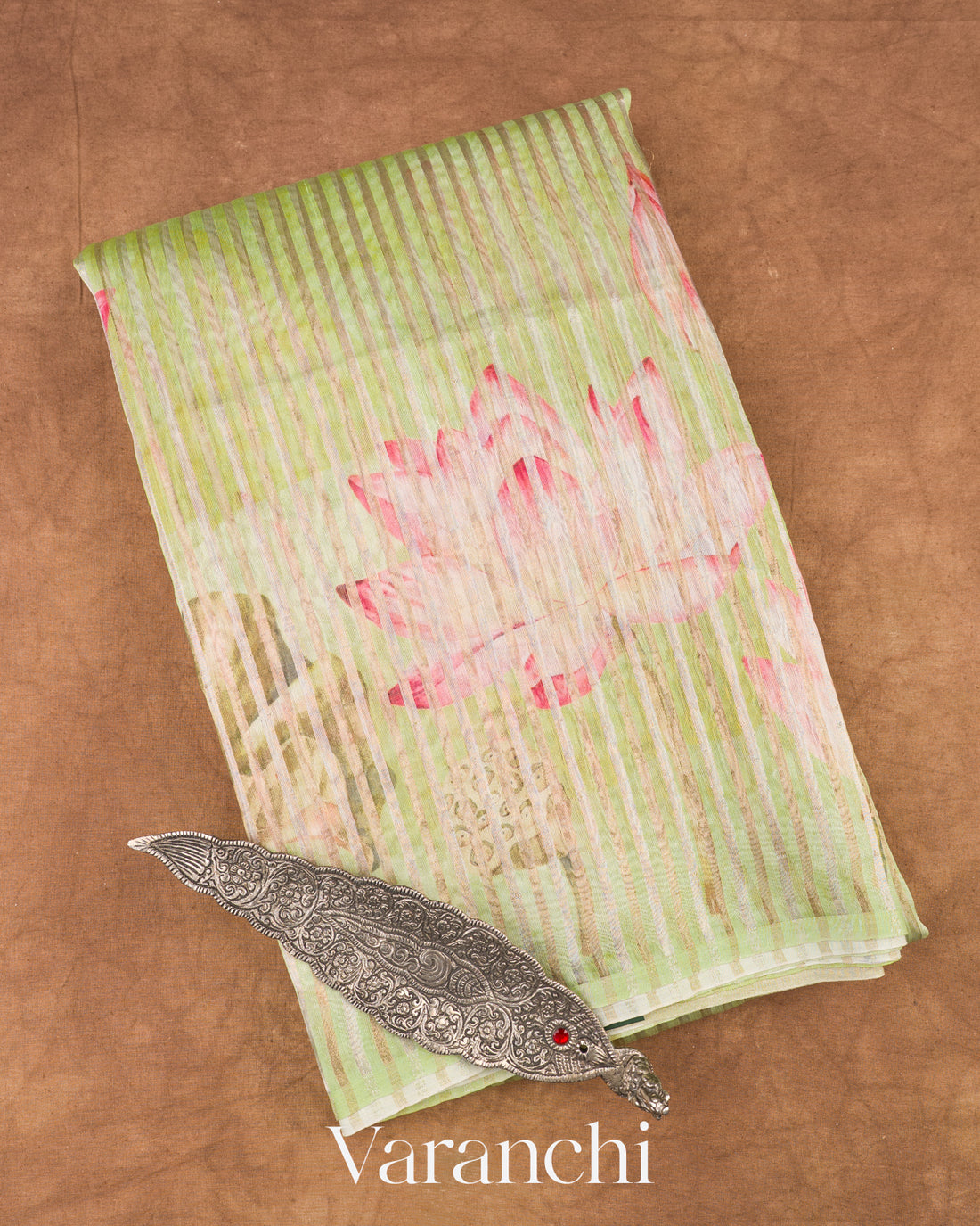 Pastel Pista Tissue Stripped Pure Chanderi Silk Cotton Saree