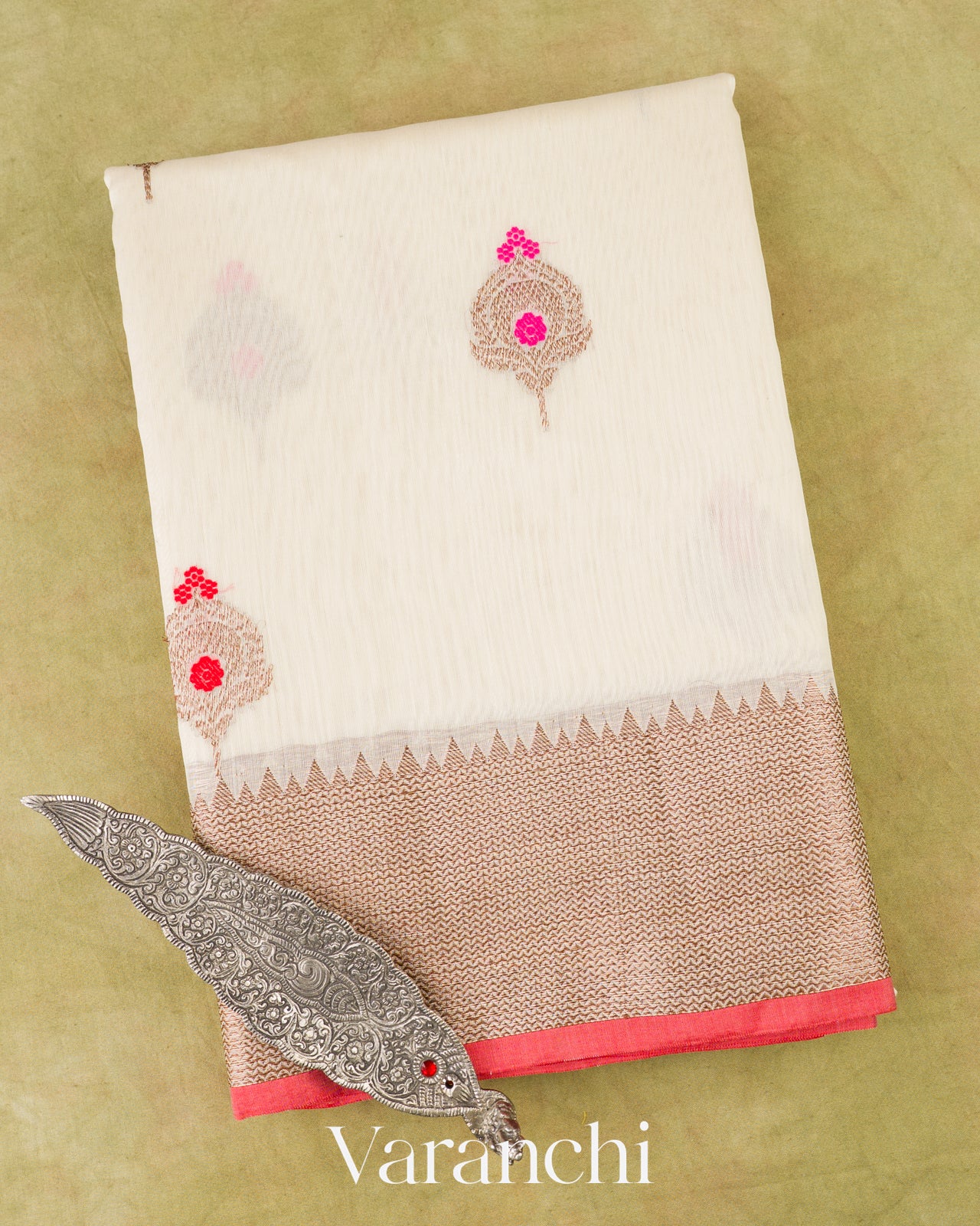 Ivory Cream Pure Chanderi Silk Cotton Handloom Saree 