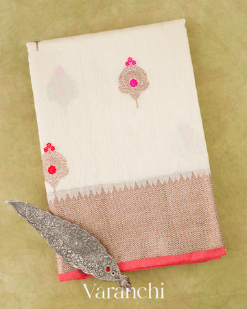 Ivory Cream Pure Chanderi Silk Cotton Handloom Saree 