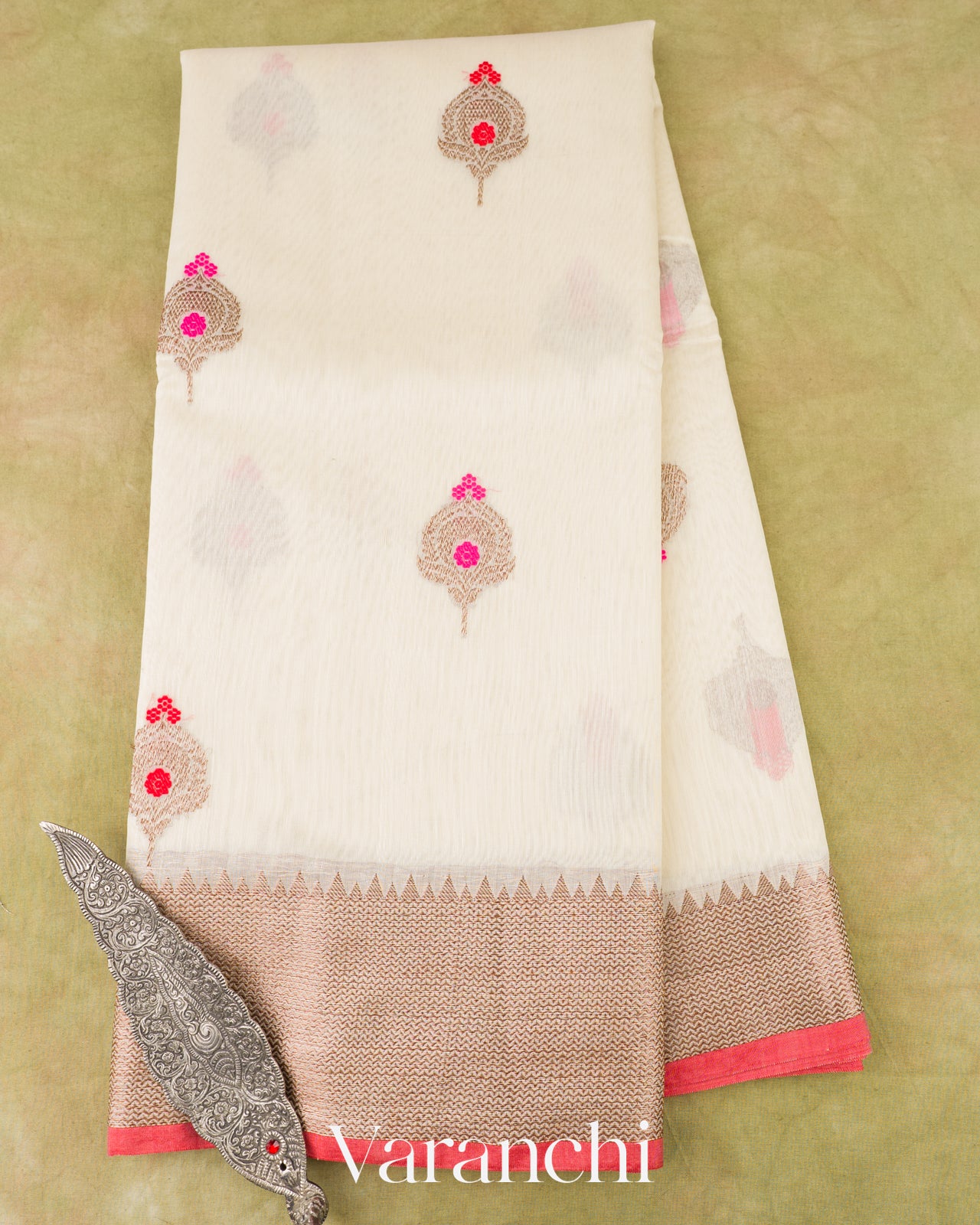 Ivory Cream Pure Chanderi Silk Cotton Handloom Saree 