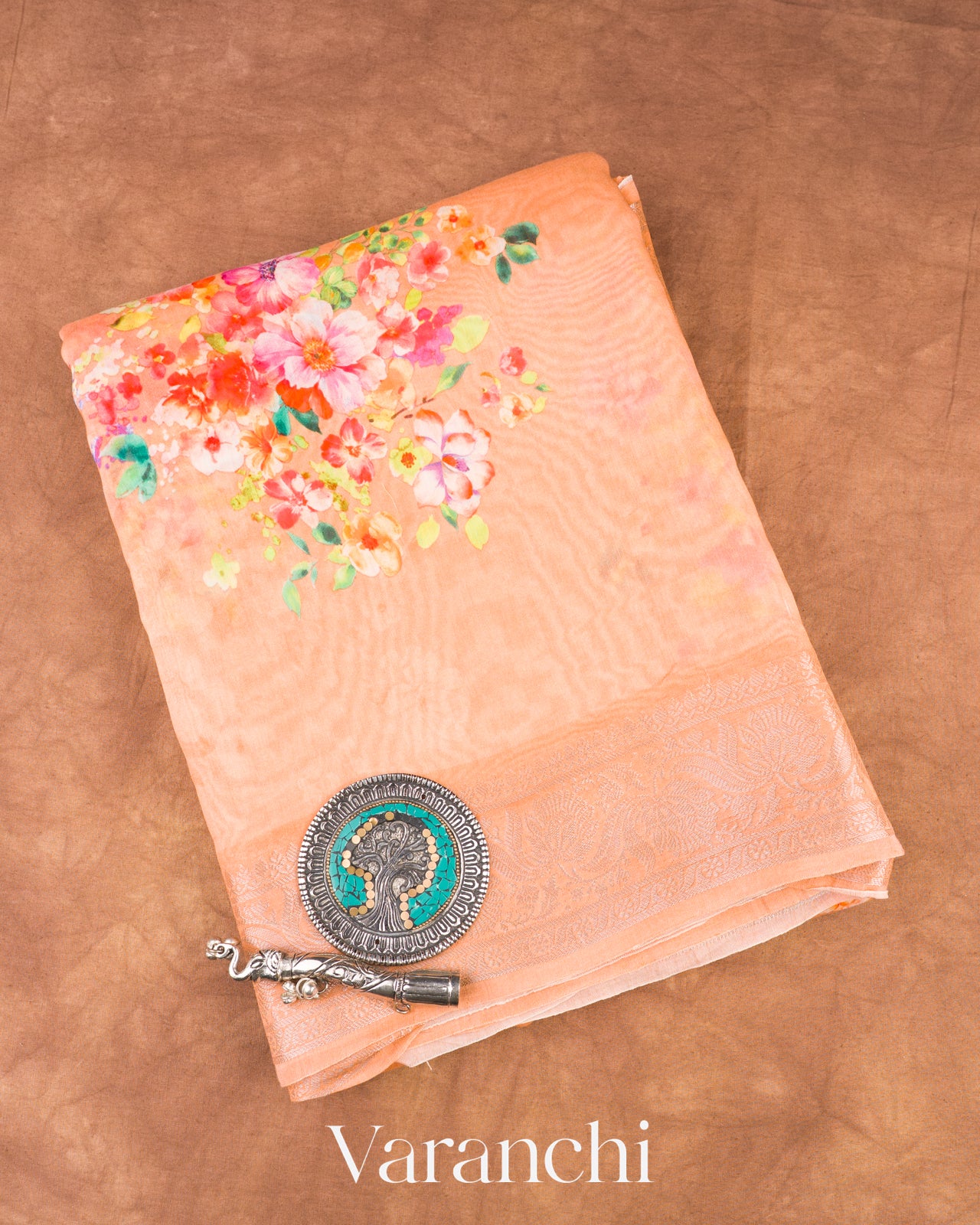 Light Coral Peach Pure Chanderi Silk Cotton Saree 