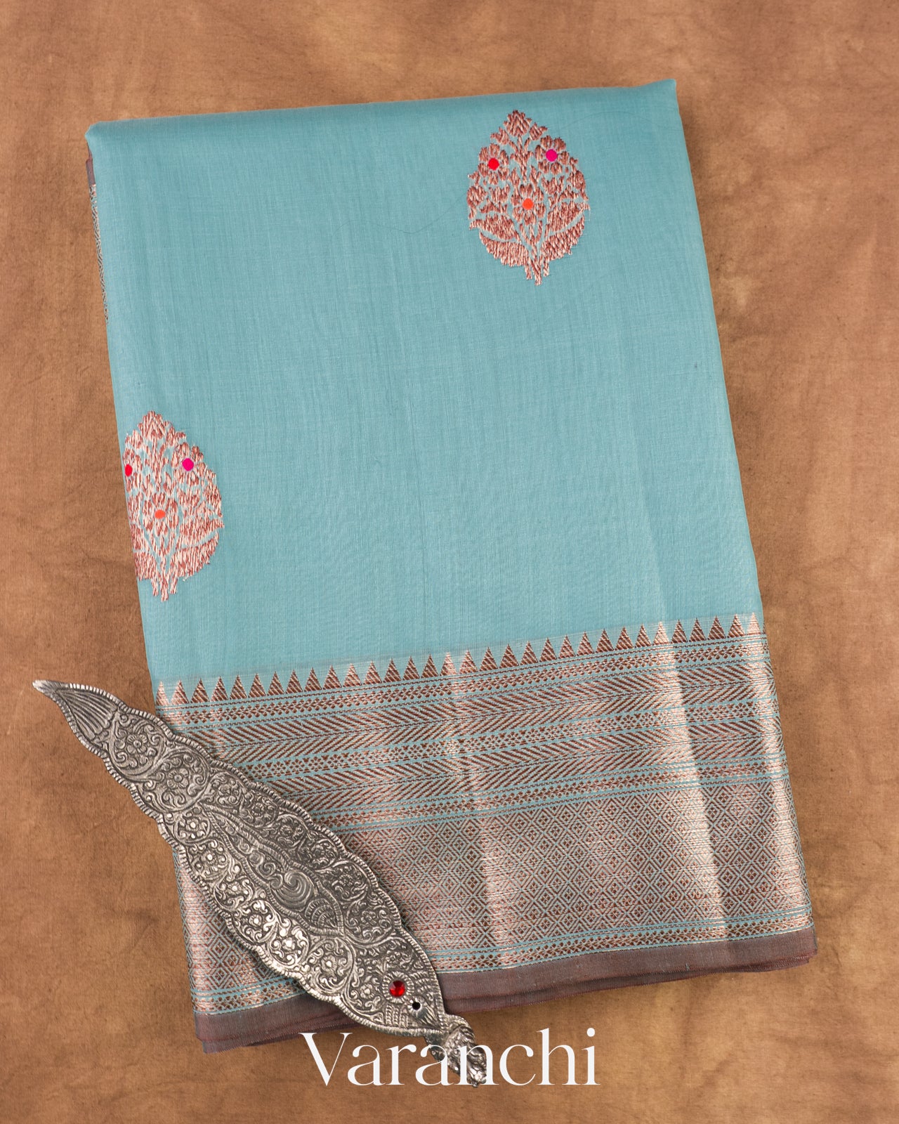 Power Blue Pure Chanderi Silk Cotton Handloom Saree