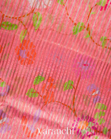 Lotus Pink Floral Printed Pure Chanderi Silk Cotton Saree