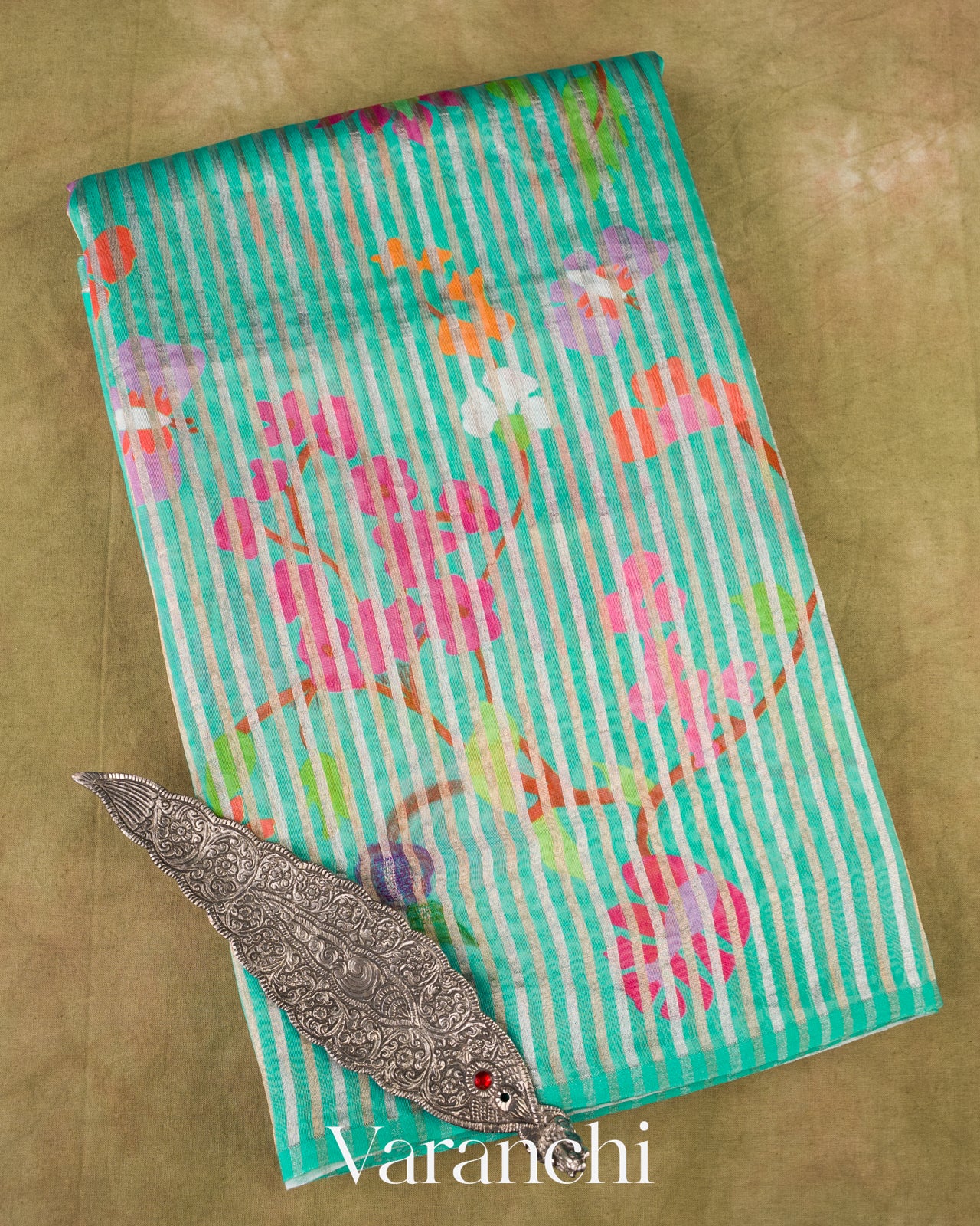 Aqua-Teal Floral Printed Pure Chanderi Silk Cotton Saree