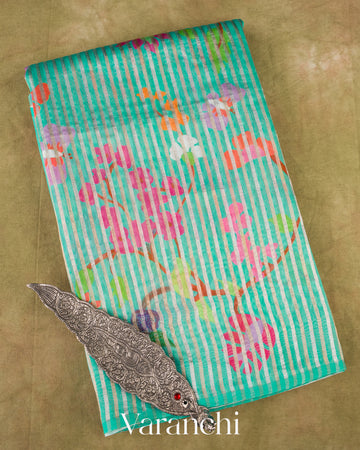 Aqua-Teal Floral Printed Pure Chanderi Silk Cotton Saree