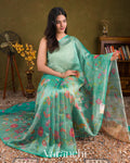 Aqua-Teal Floral Printed Pure Chanderi Silk Cotton Saree