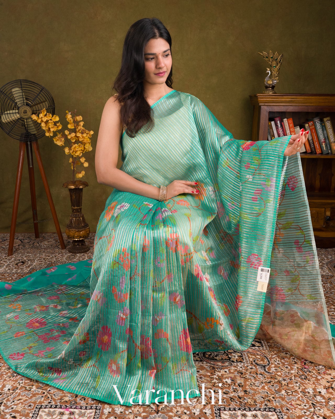 Aqua-Teal Floral Printed Pure Chanderi Silk Cotton Saree