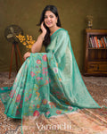 Aqua-Teal Floral Printed Pure Chanderi Silk Cotton Saree
