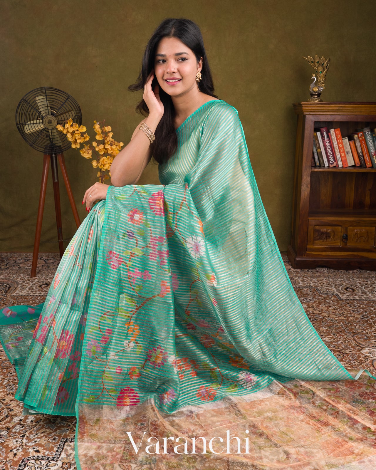 Aqua-Teal Floral Printed Pure Chanderi Silk Cotton Saree
