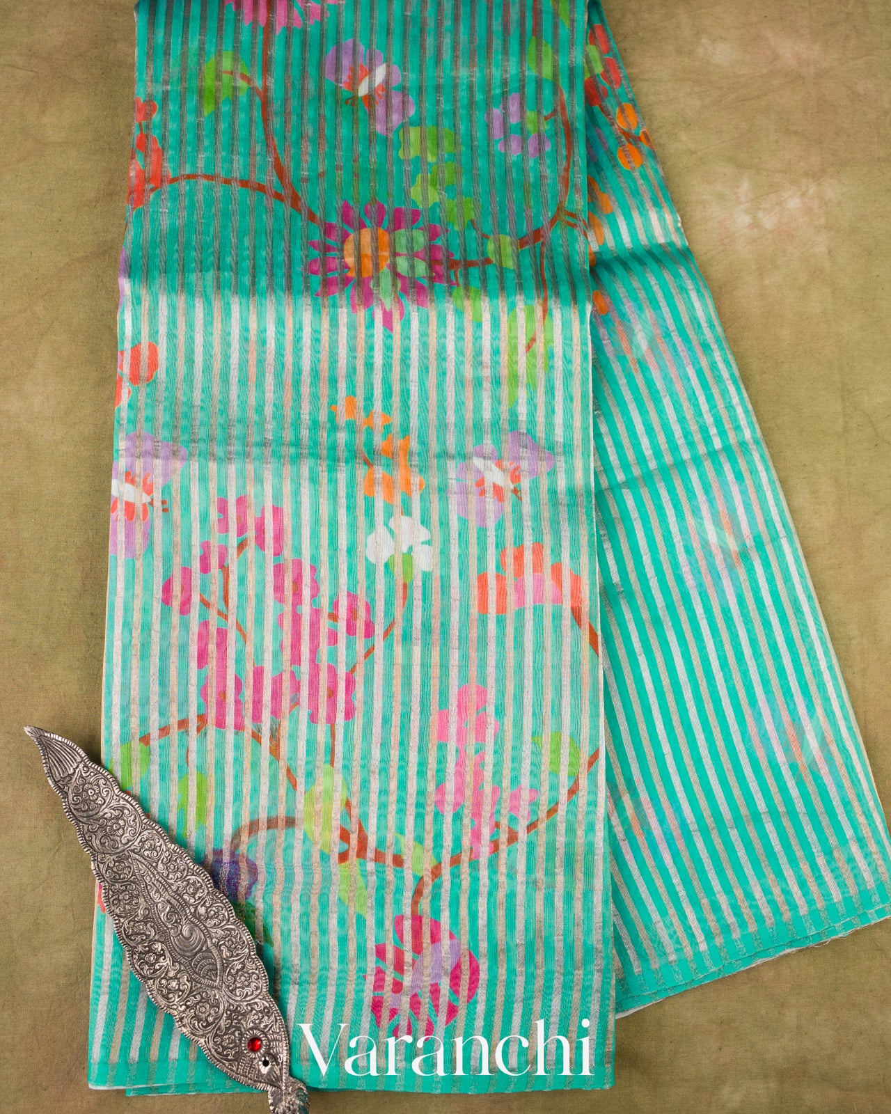 Aqua-Teal Floral Printed Pure Chanderi Silk Cotton Saree