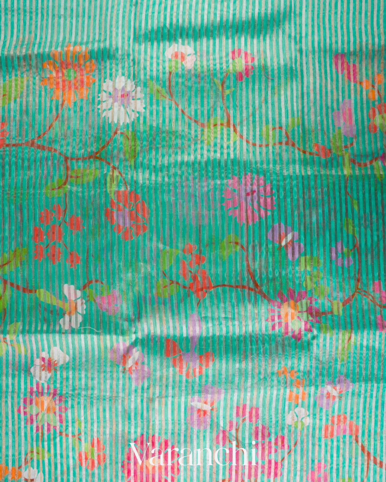 Aqua-Teal Floral Printed Pure Chanderi Silk Cotton Saree