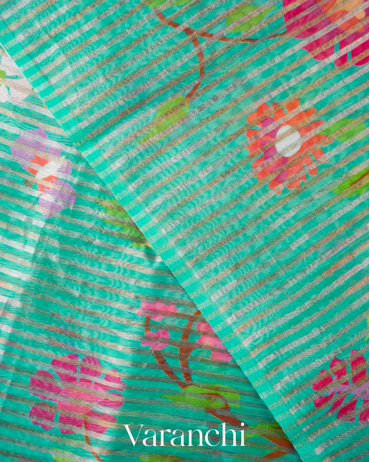 Aqua-Teal Floral Printed Pure Chanderi Silk Cotton Saree