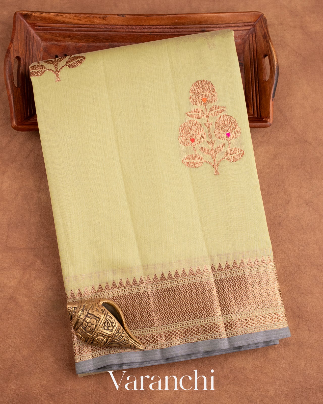 Pale Olive Green Pure Chanderi Silk Cotton Handloom Saree