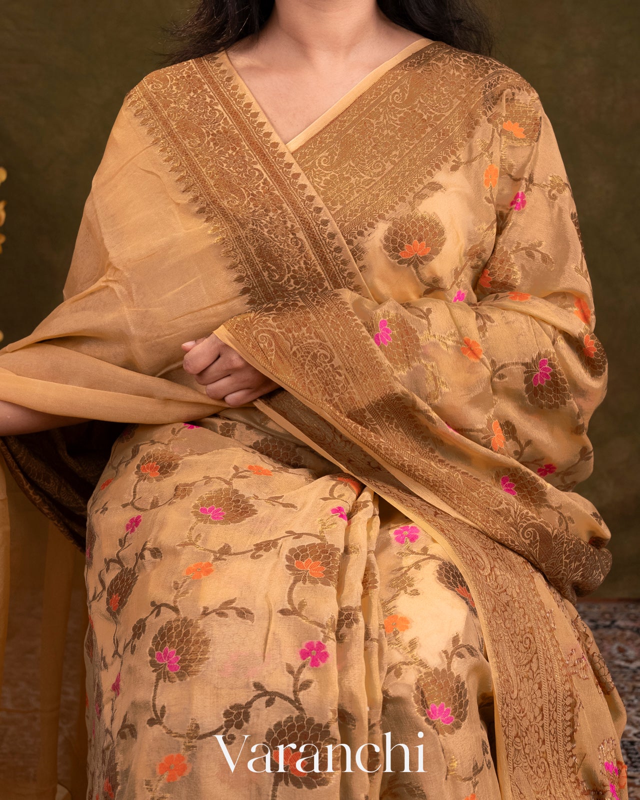 Light Biscuit Pure Chiffon Silk Saree