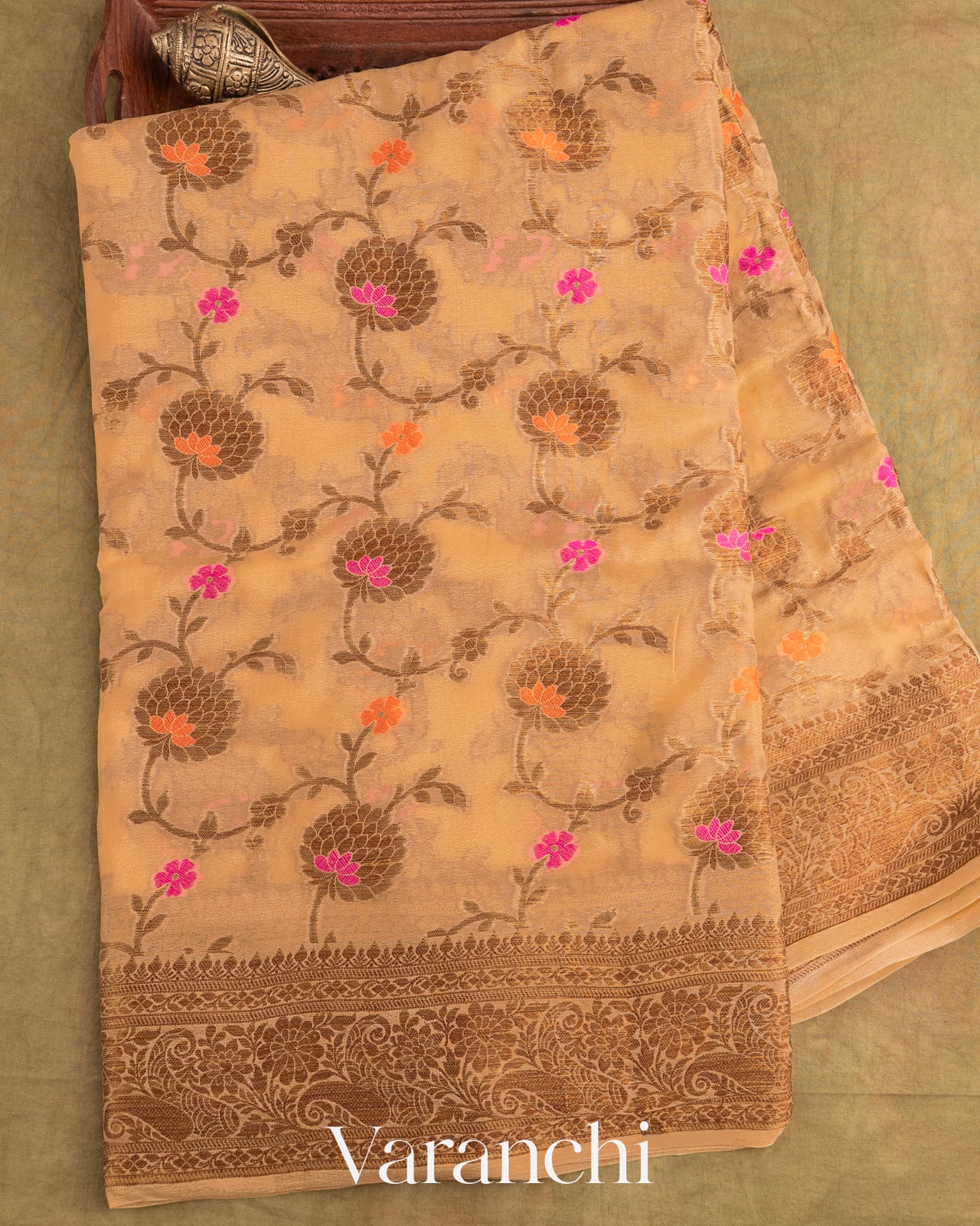 Light Biscuit Pure Chiffon Silk Saree
