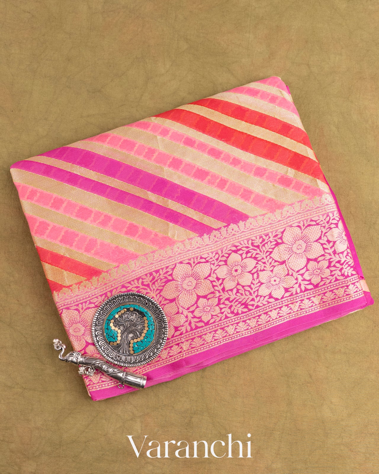 Pink Rangkaat Lehariya Pure Chiffon Silk Saree