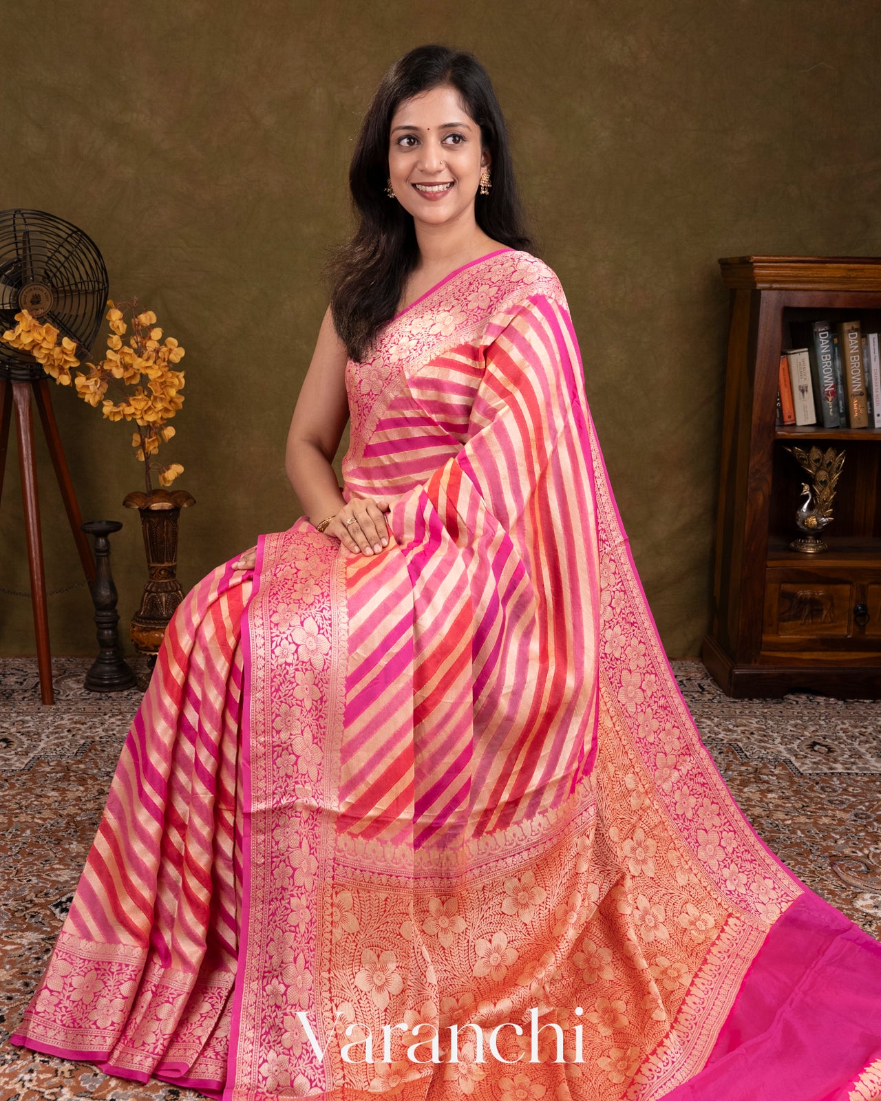 Pink Rangkaat Lehariya Pure Chiffon Silk Saree