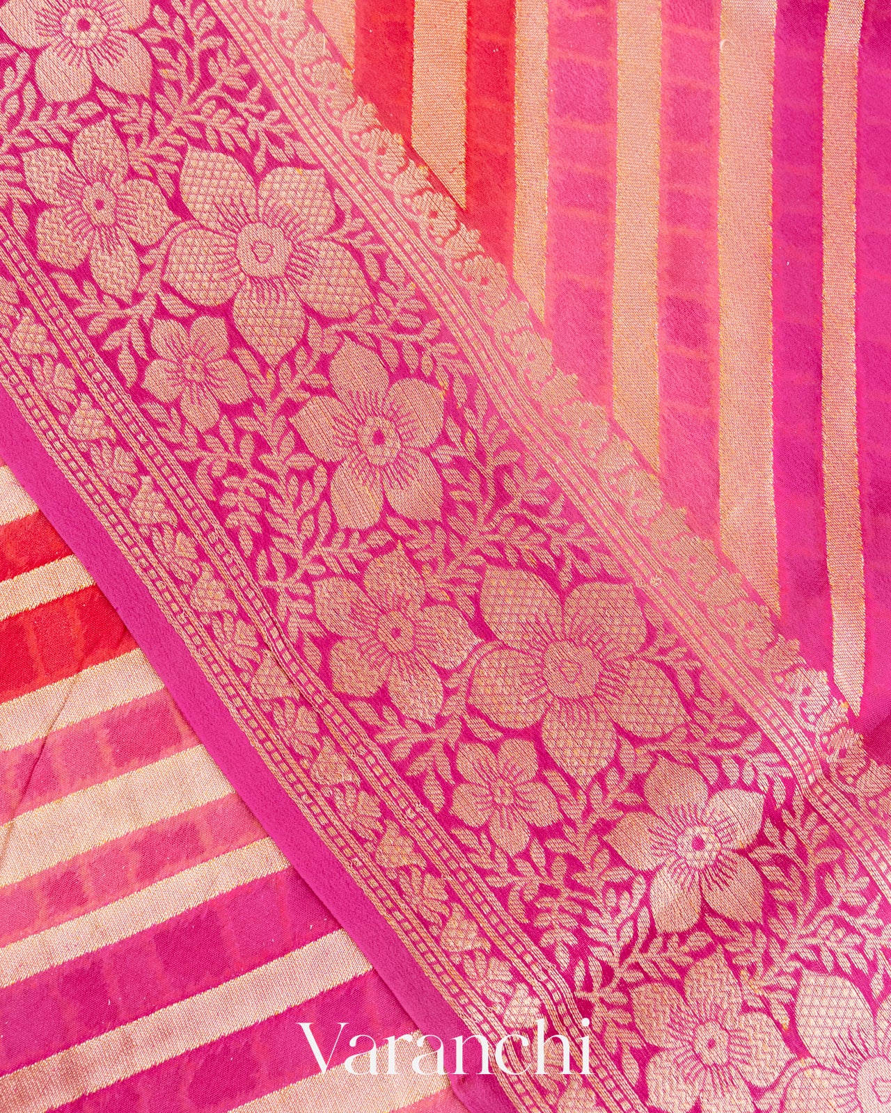 Pink Rangkaat Lehariya Pure Chiffon Silk Saree