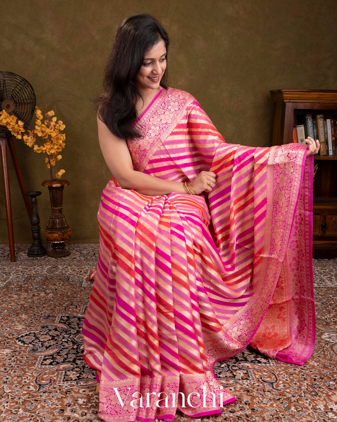 Pink Rangkaat Lehariya Pure Chiffon Silk Saree