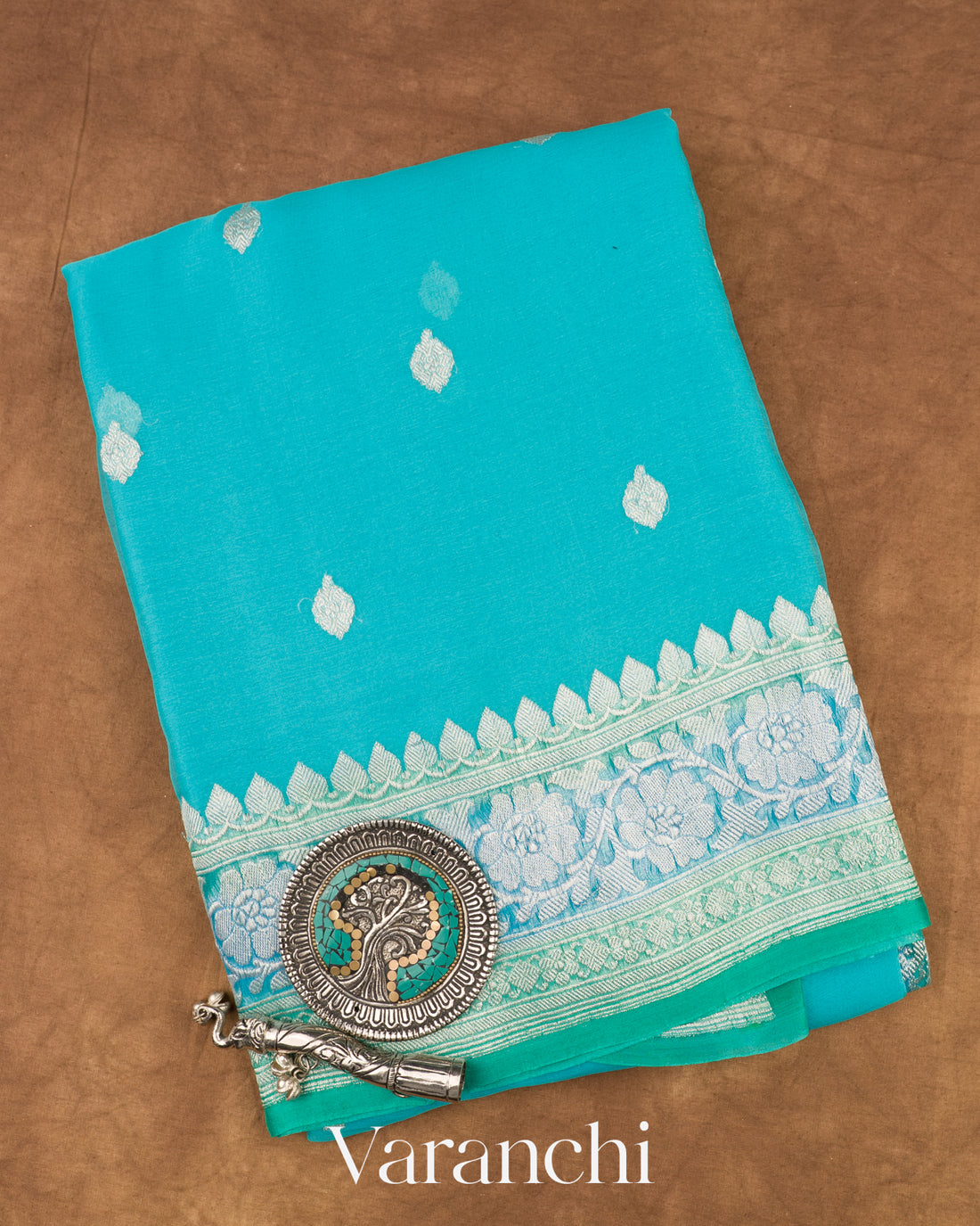 Aqua Blue Pure Chiffon Silk Saree
