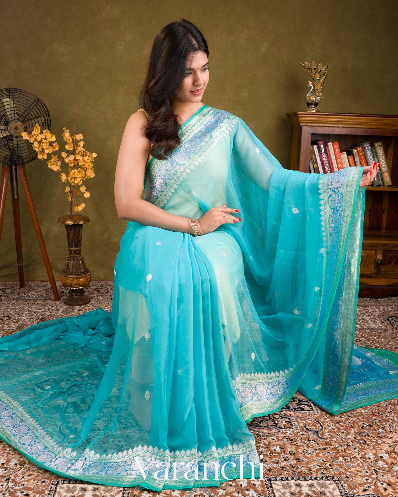 Aqua Blue Pure Chiffon Silk Saree