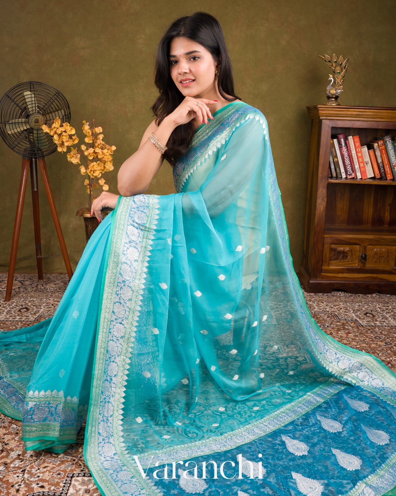 Aqua Blue Pure Chiffon Silk Saree