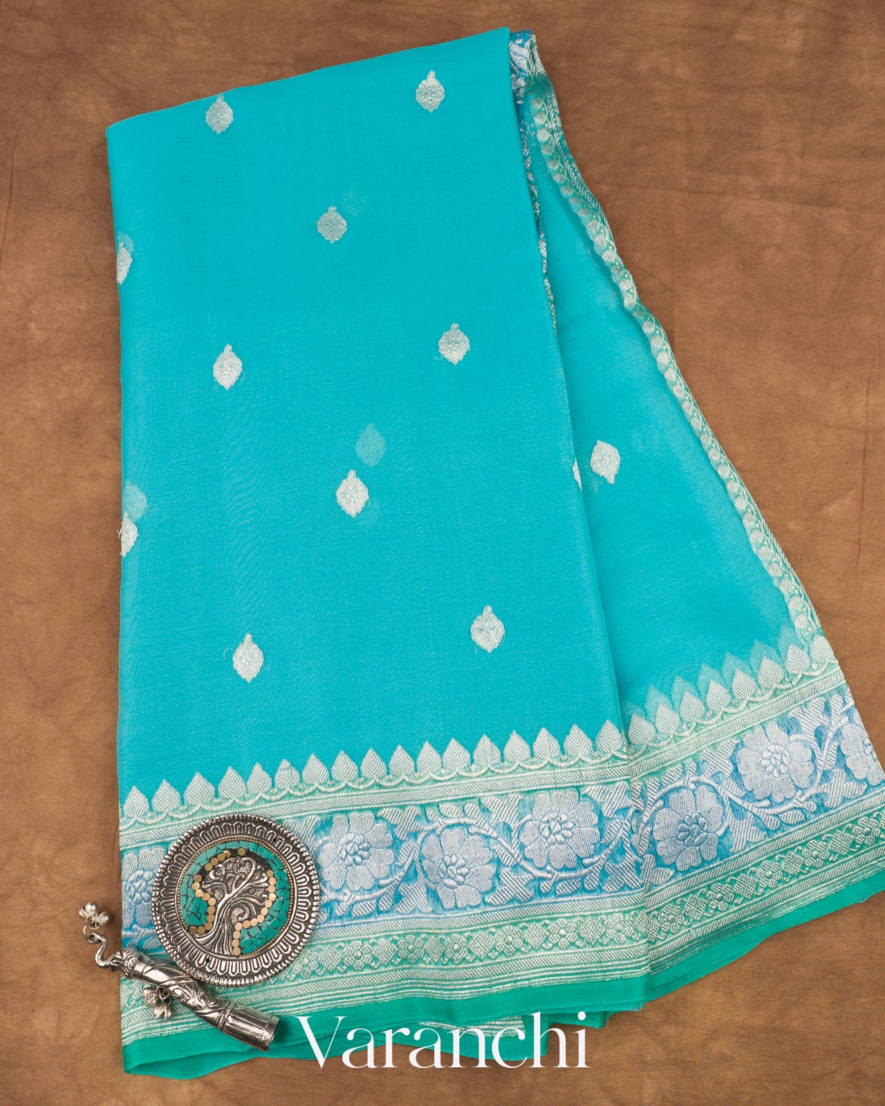 Aqua Blue Pure Chiffon Silk Saree