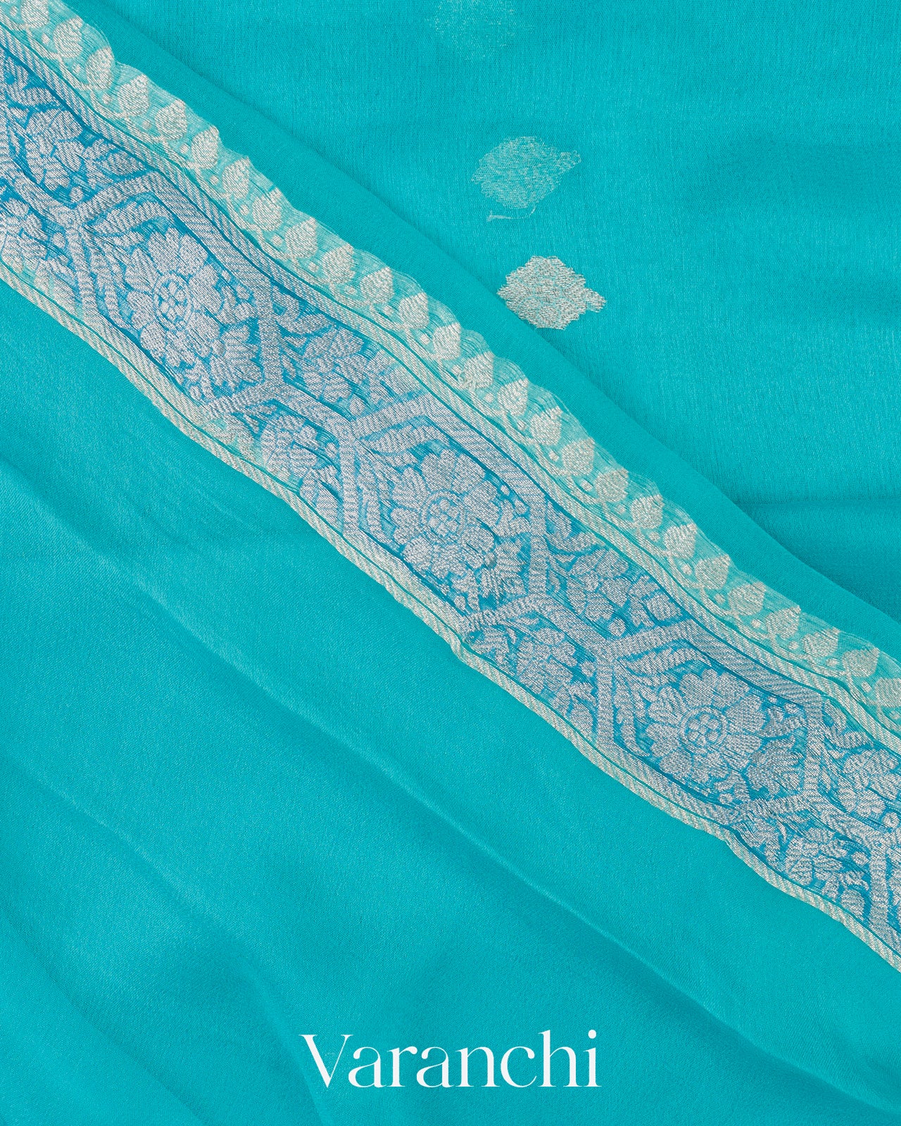 Aqua Blue Pure Chiffon Silk Saree