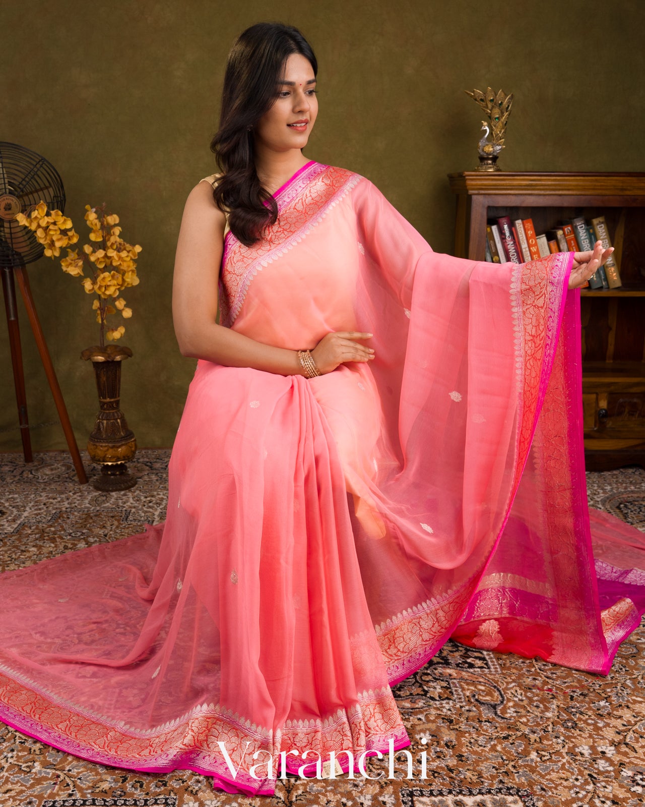 Peach Rose Pure Chiffon Silk Saree