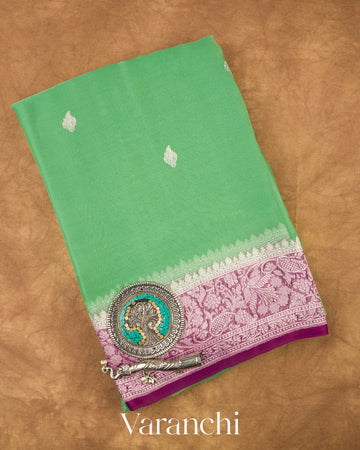 Leaf Green Pure Chiffon Silk Handloom Saree