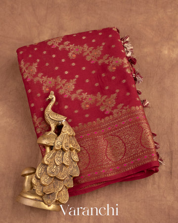 Maroon Lehariya Pure Chiffon Silk Saree