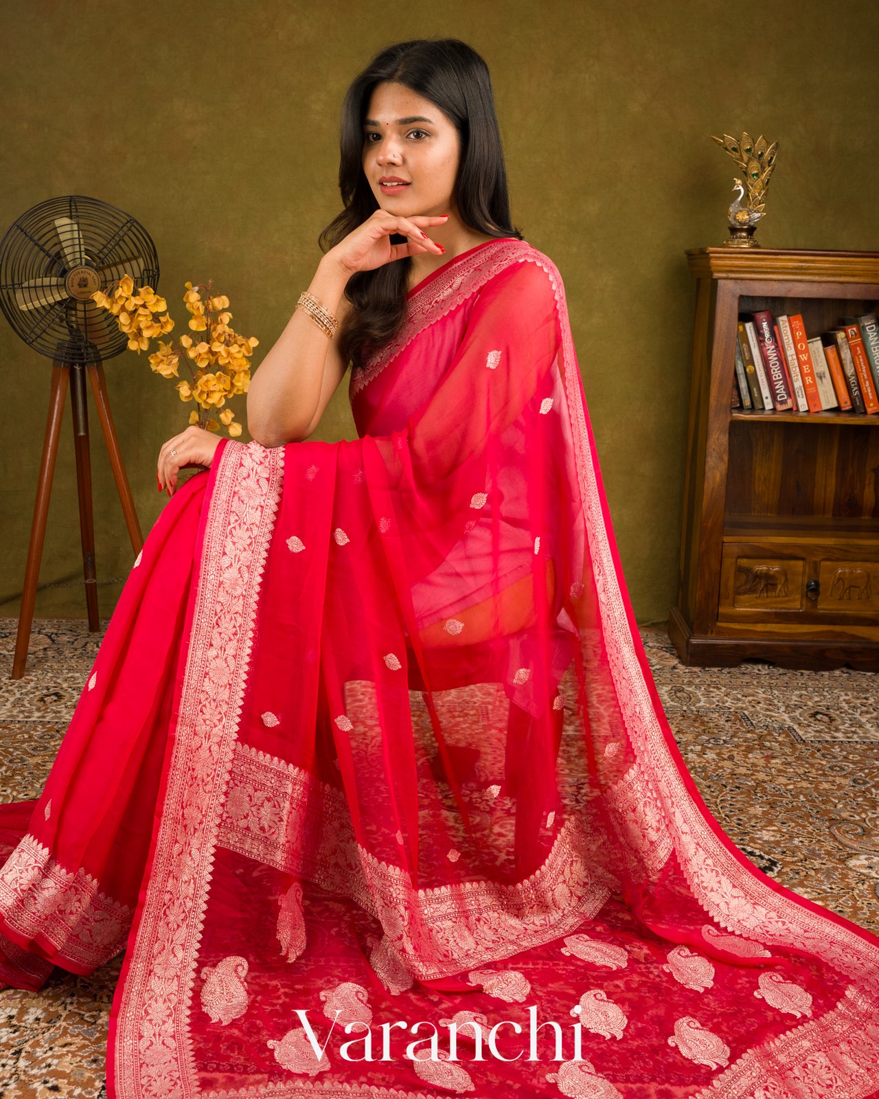 Chilly Red Pure Chiffon Silk Saree