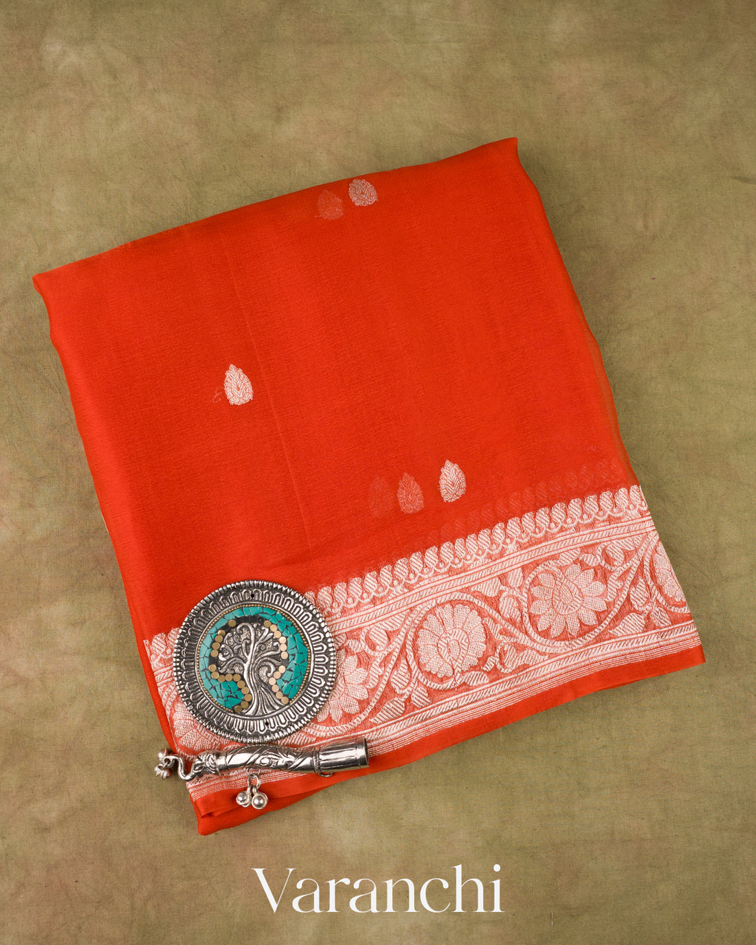 Reddish Orange Pure Chiffon Silk Handloom Saree