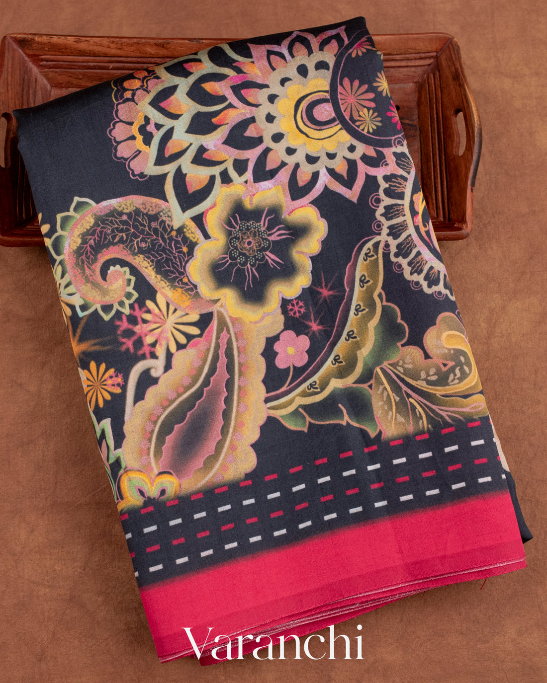 Black Floral Printed Pure Chiniya Silk Saree