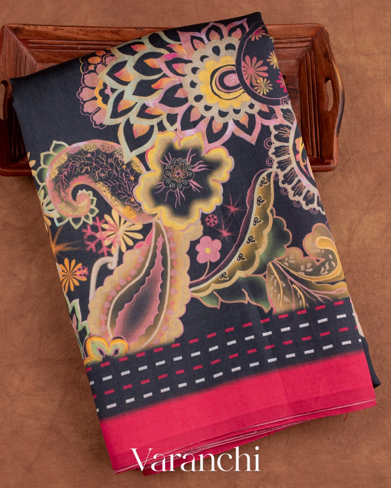 Black Floral Printed Pure Chiniya Silk Saree