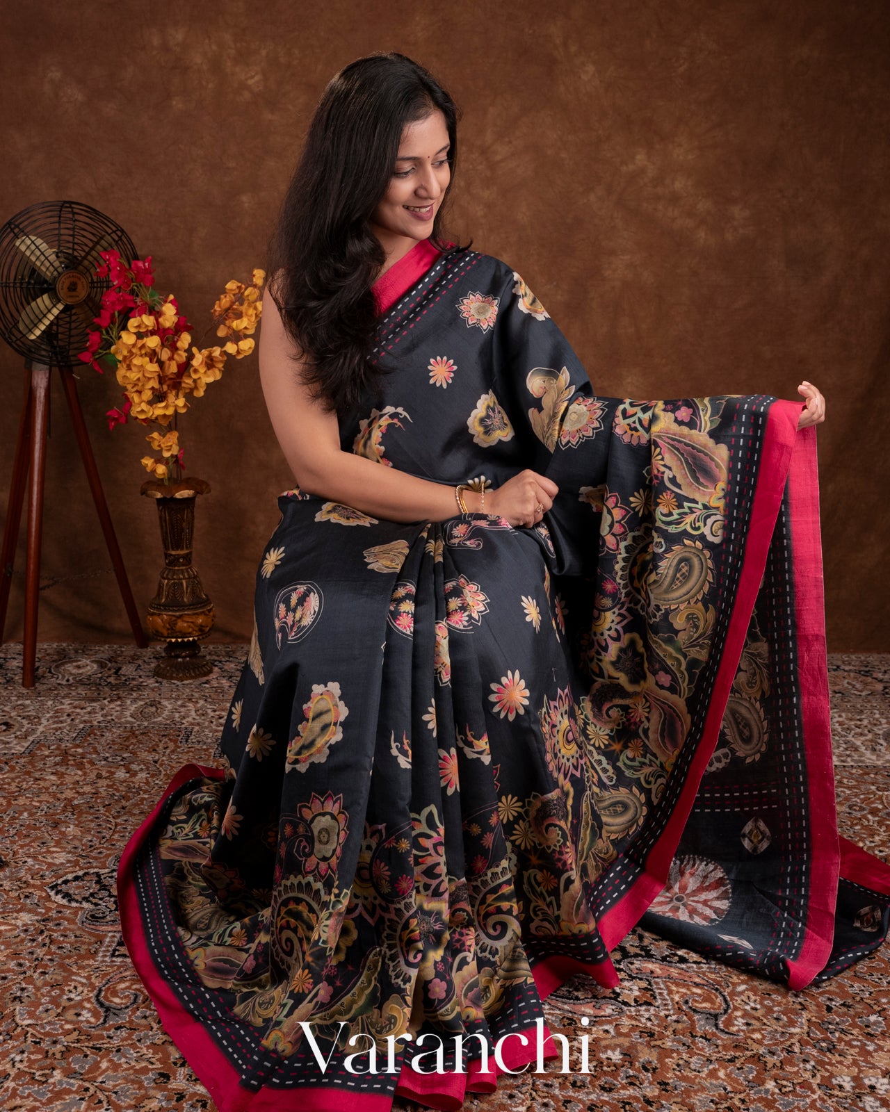 Black Floral Printed Pure Chiniya Silk Saree