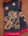 Black Floral Printed Pure Chiniya Silk Saree