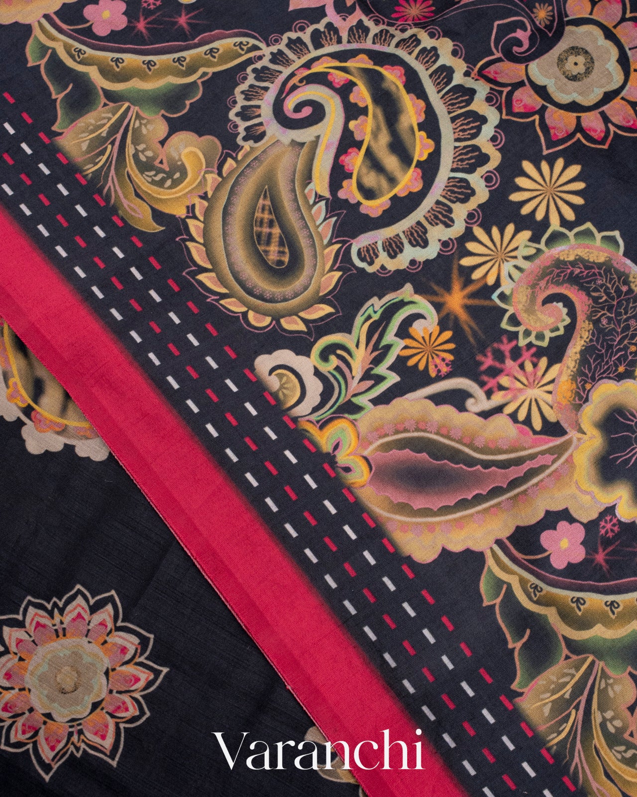 Black Floral Printed Pure Chiniya Silk Saree