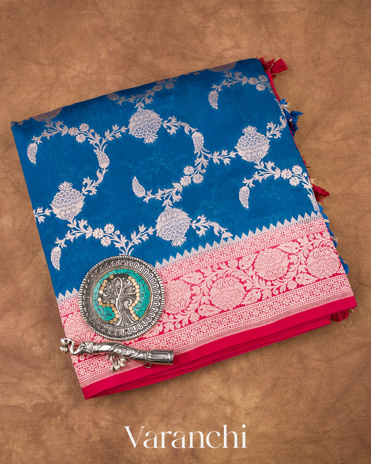 Ink Blue Floral Brocade Pure Chiniya Silk Saree 