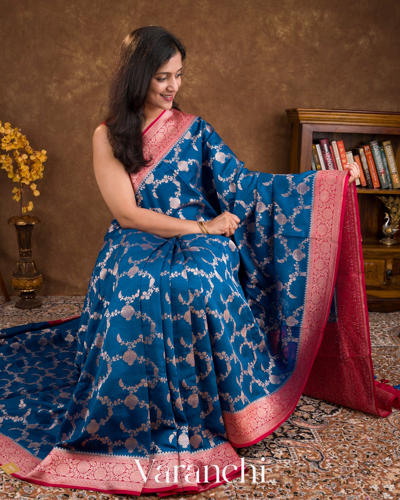 Ink Blue Floral Brocade Pure Chiniya Silk Saree 
