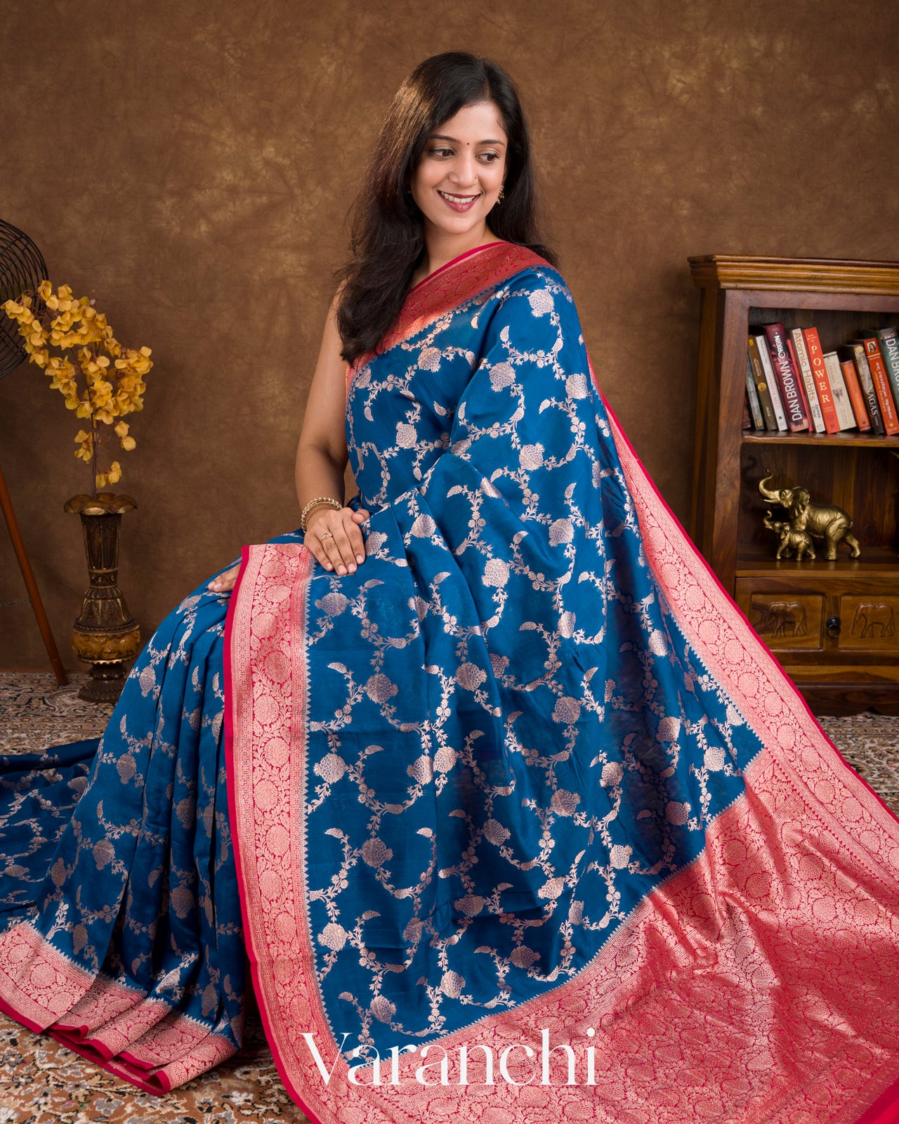 Ink Blue Floral Brocade Pure Chiniya Silk Saree 