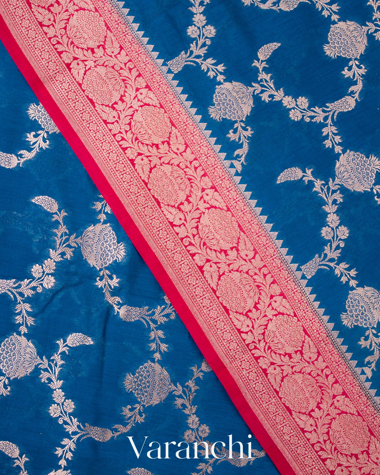 Ink Blue Floral Brocade Pure Chiniya Silk Saree 