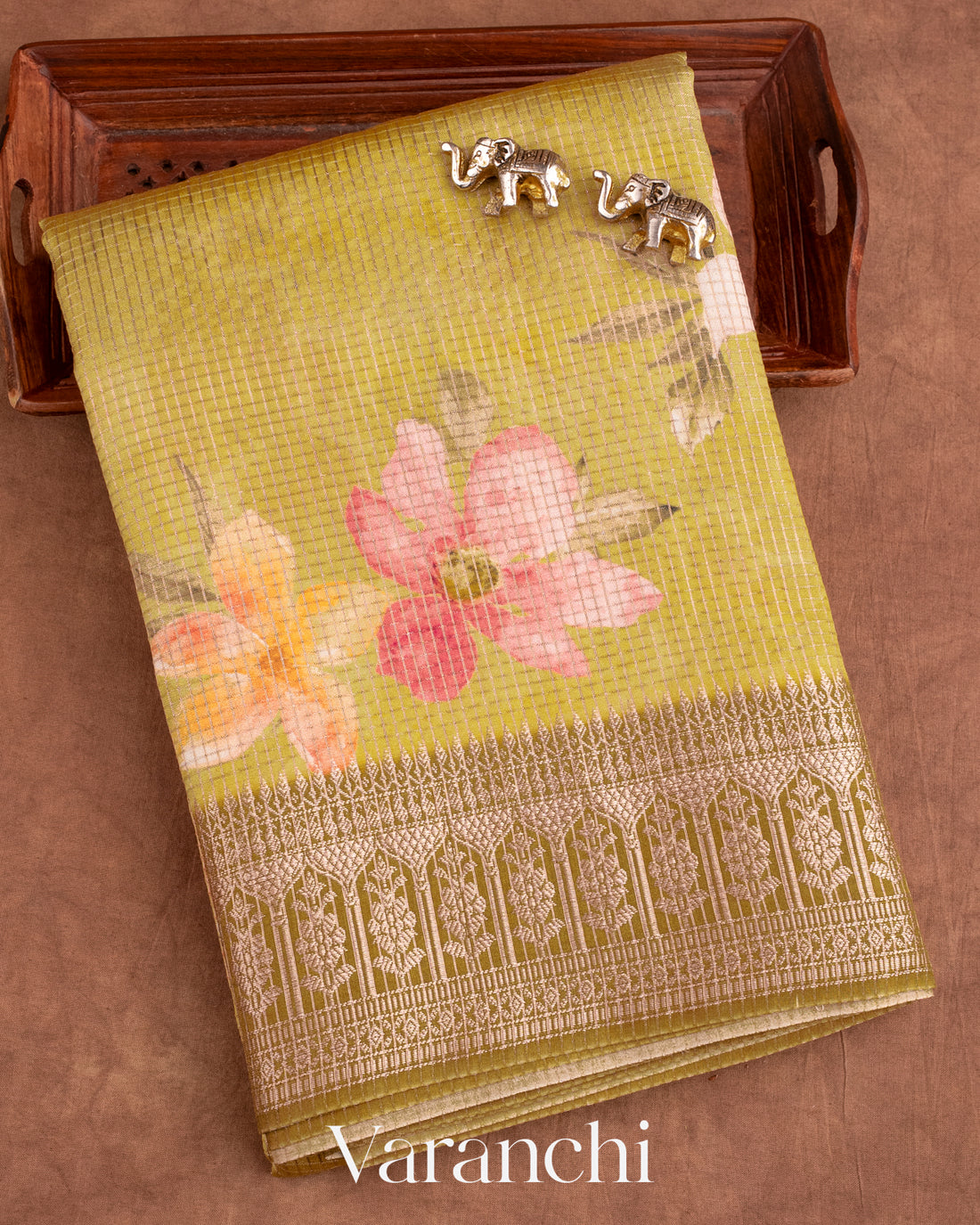 Light Mehandi Green Floral Printed Pure Chiniya Silk Saree