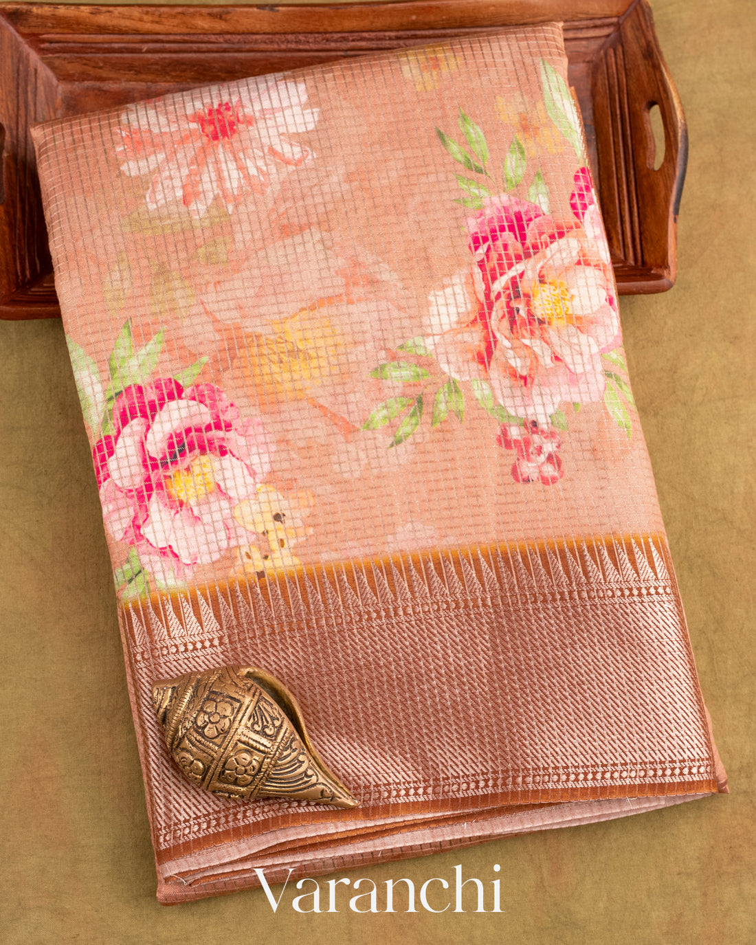 Dusty Rose Floral Printed Pure Chiniya Silk Saree