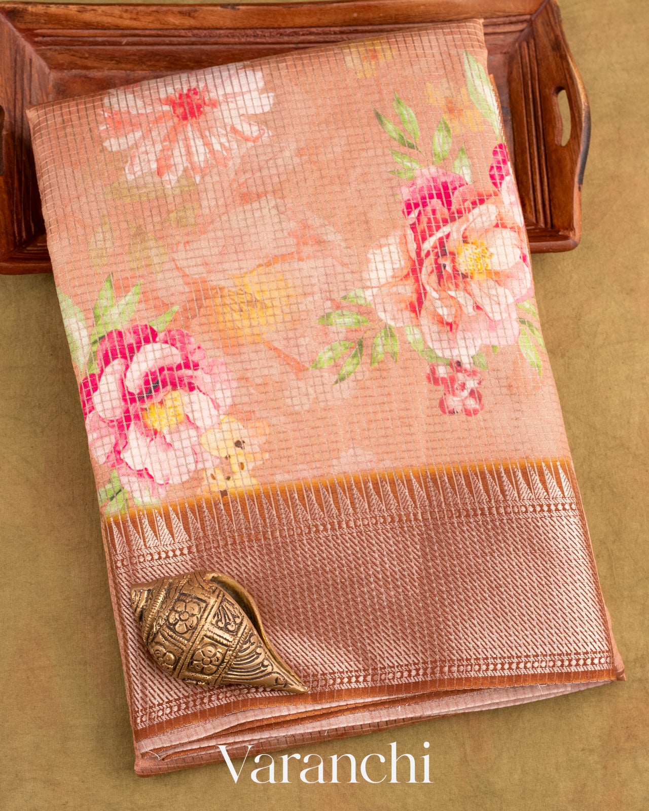Dusty Rose Floral Printed Pure Chiniya Silk Saree
