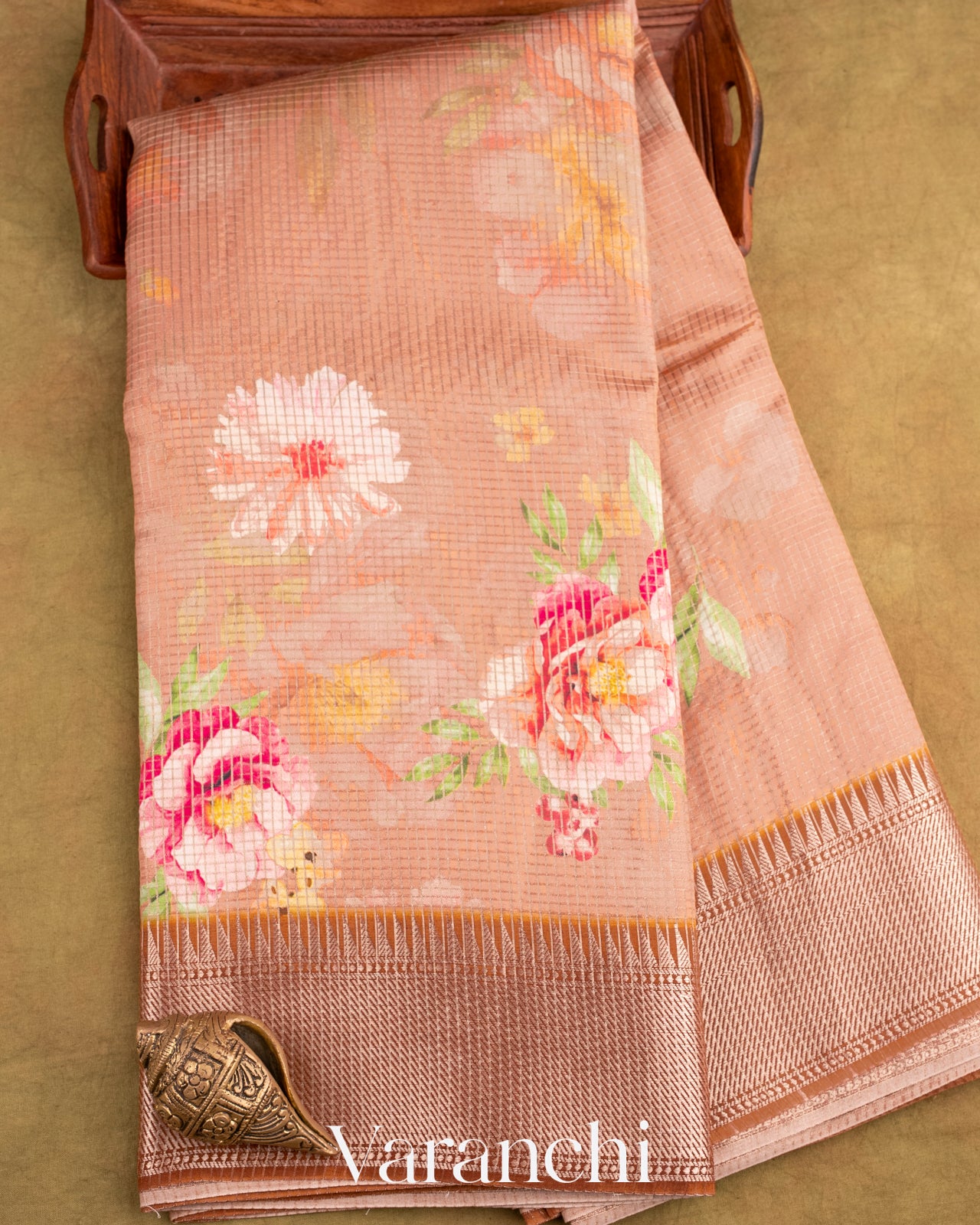Dusty Rose Floral Printed Pure Chiniya Silk Saree