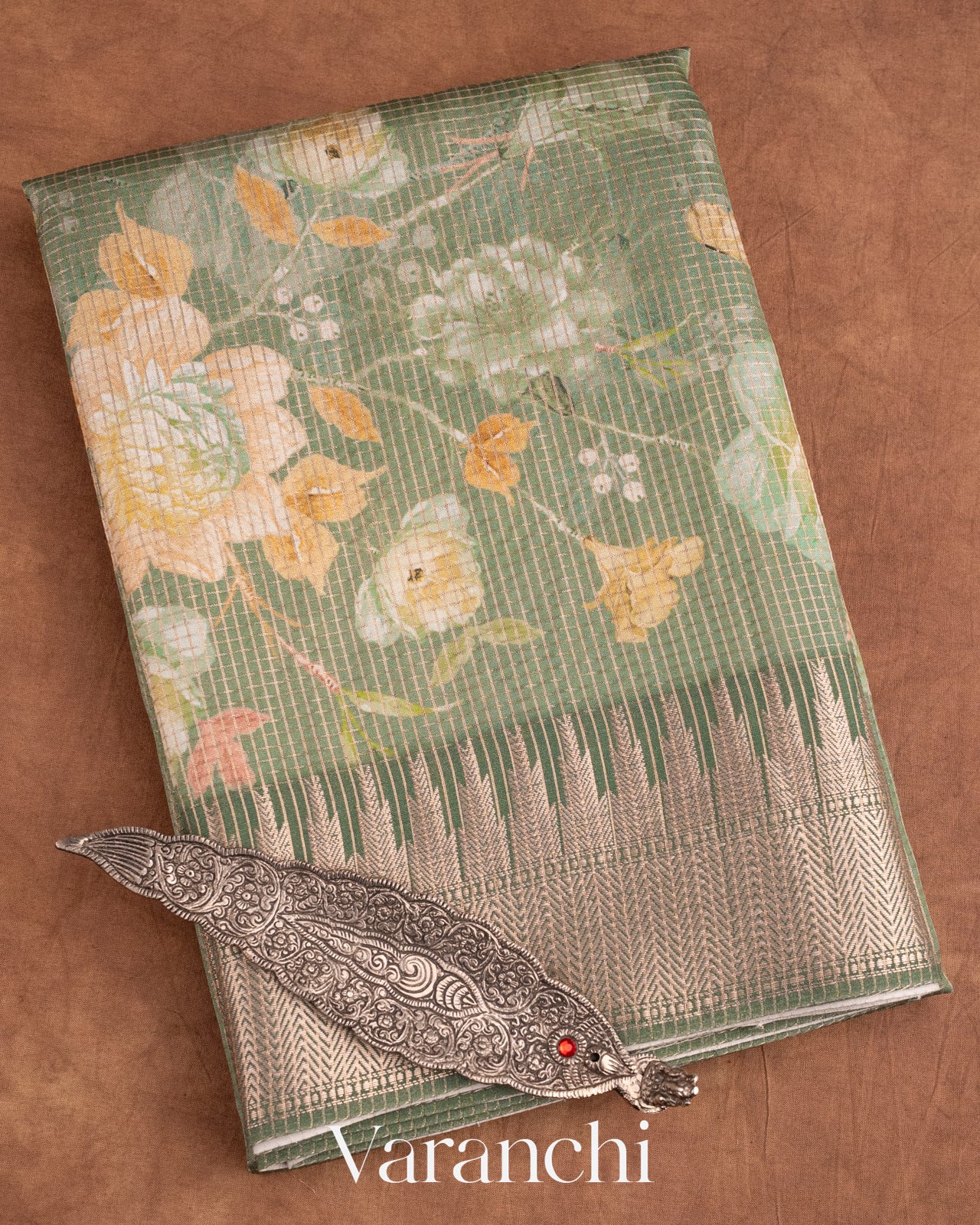 Sage Green Floral Printed Pure Chiniya Silk Saree