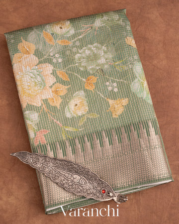 Sage Green Floral Printed Pure Chiniya Silk Saree