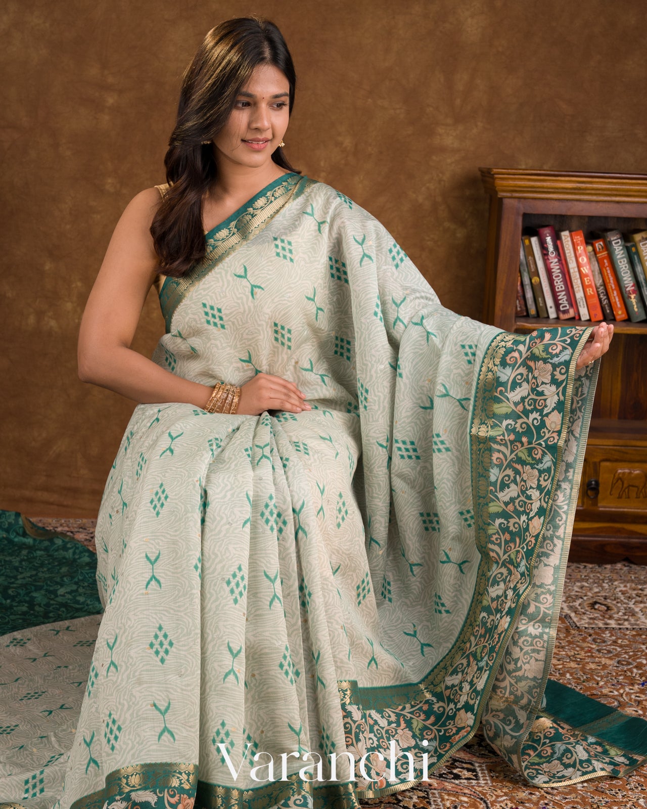 Mint Green Digital Printed Pure Chiniya Silk Saree