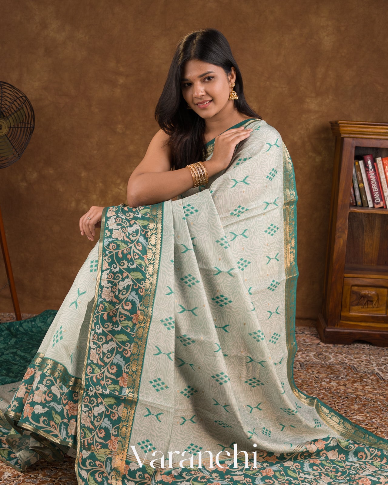 Mint Green Digital Printed Pure Chiniya Silk Saree